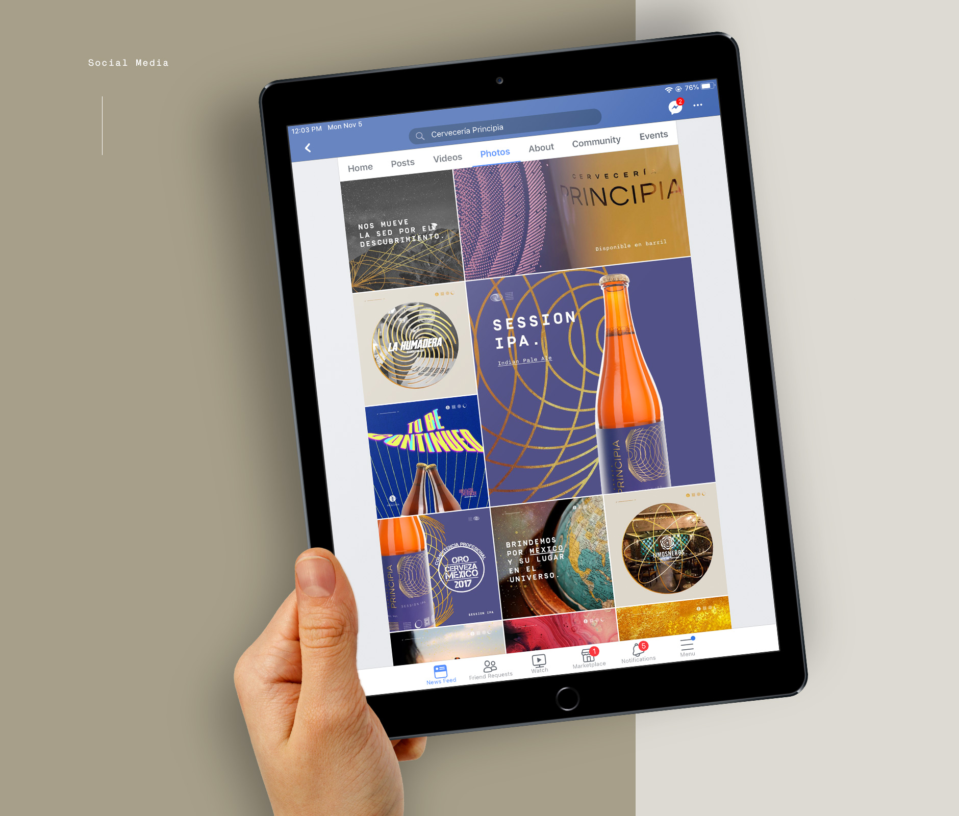 Principia Brewery social media content displayed on a render ipad