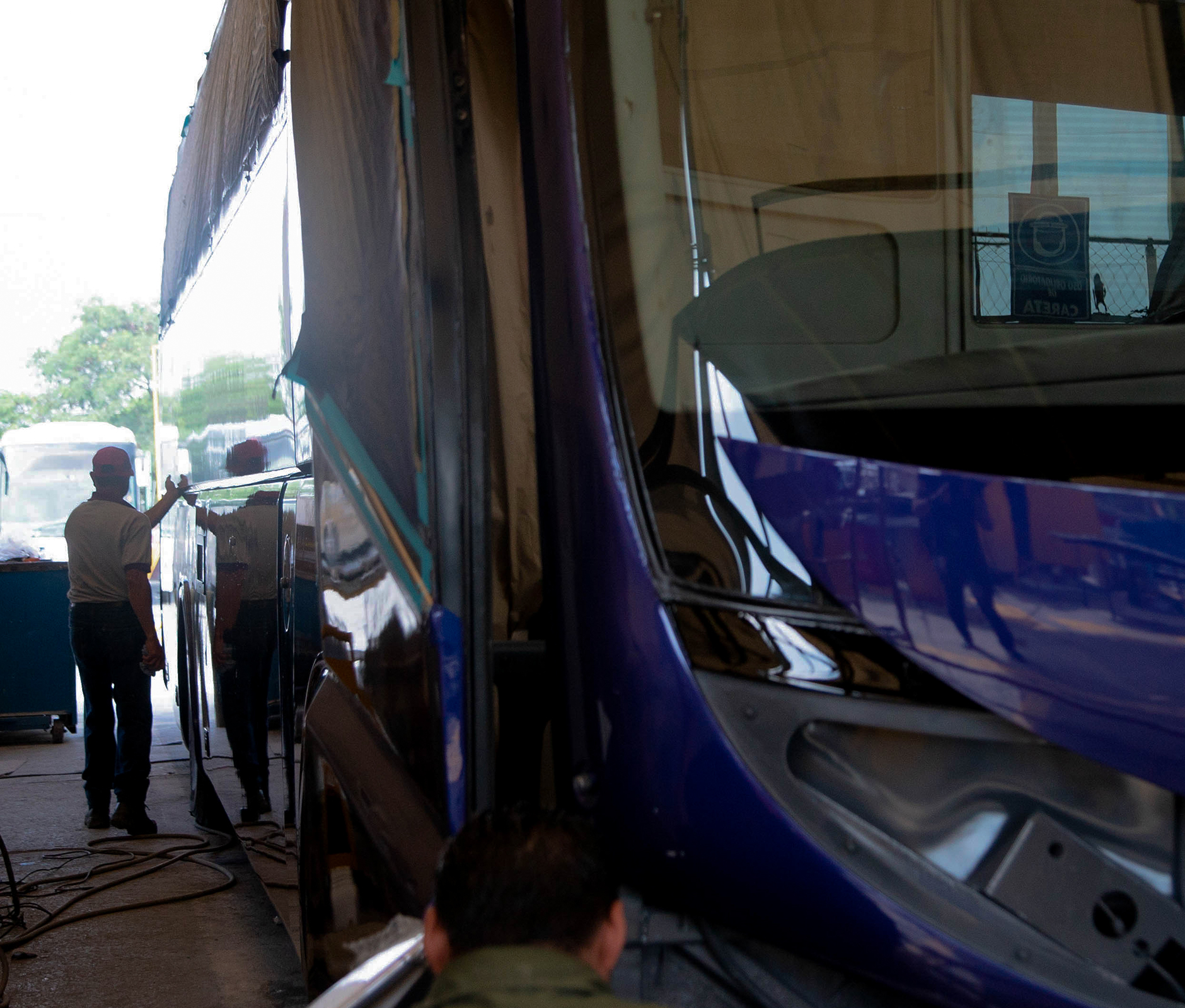Reflection photographed in a Travel bus