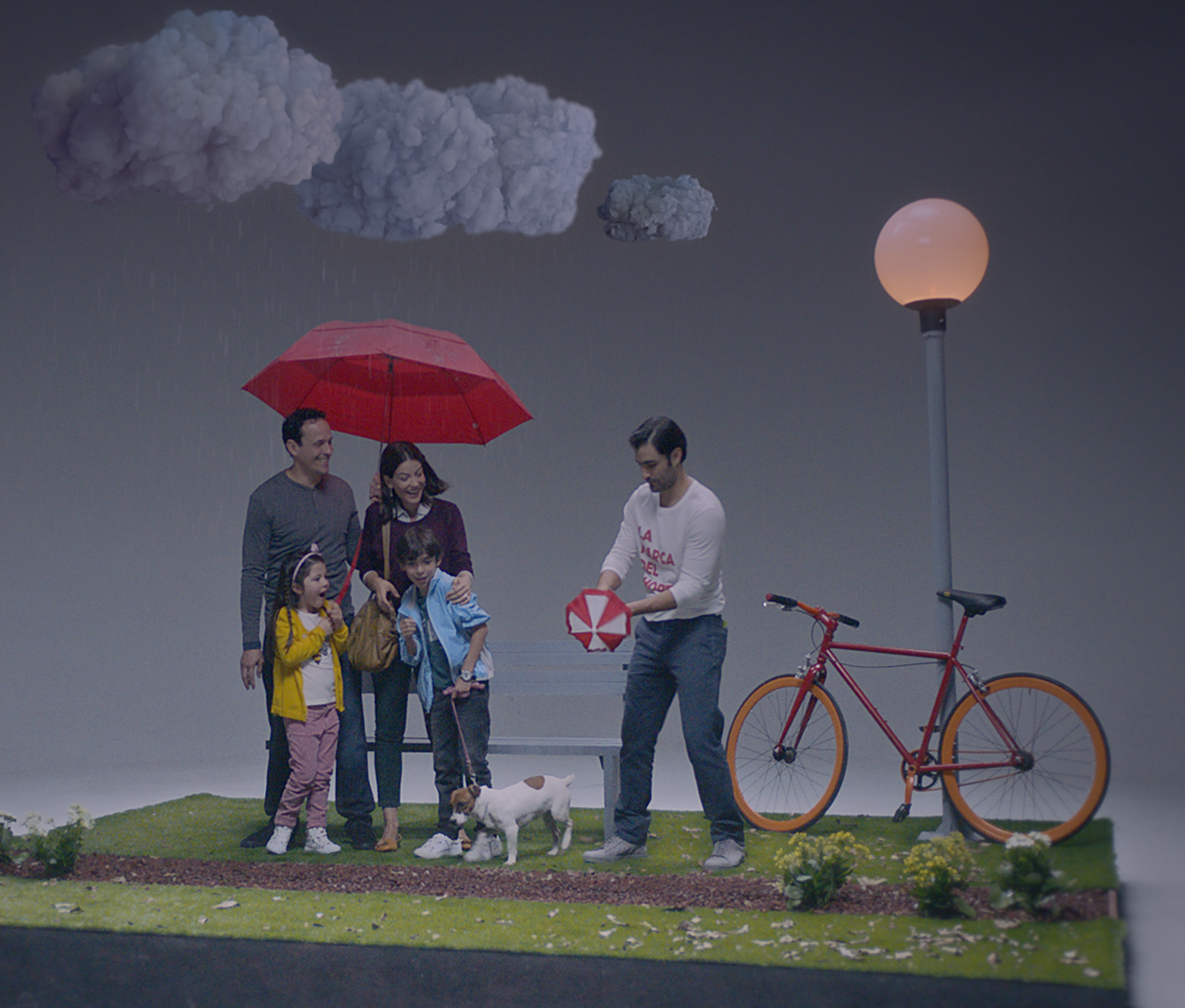 Family in park while raining set design in studio lot 