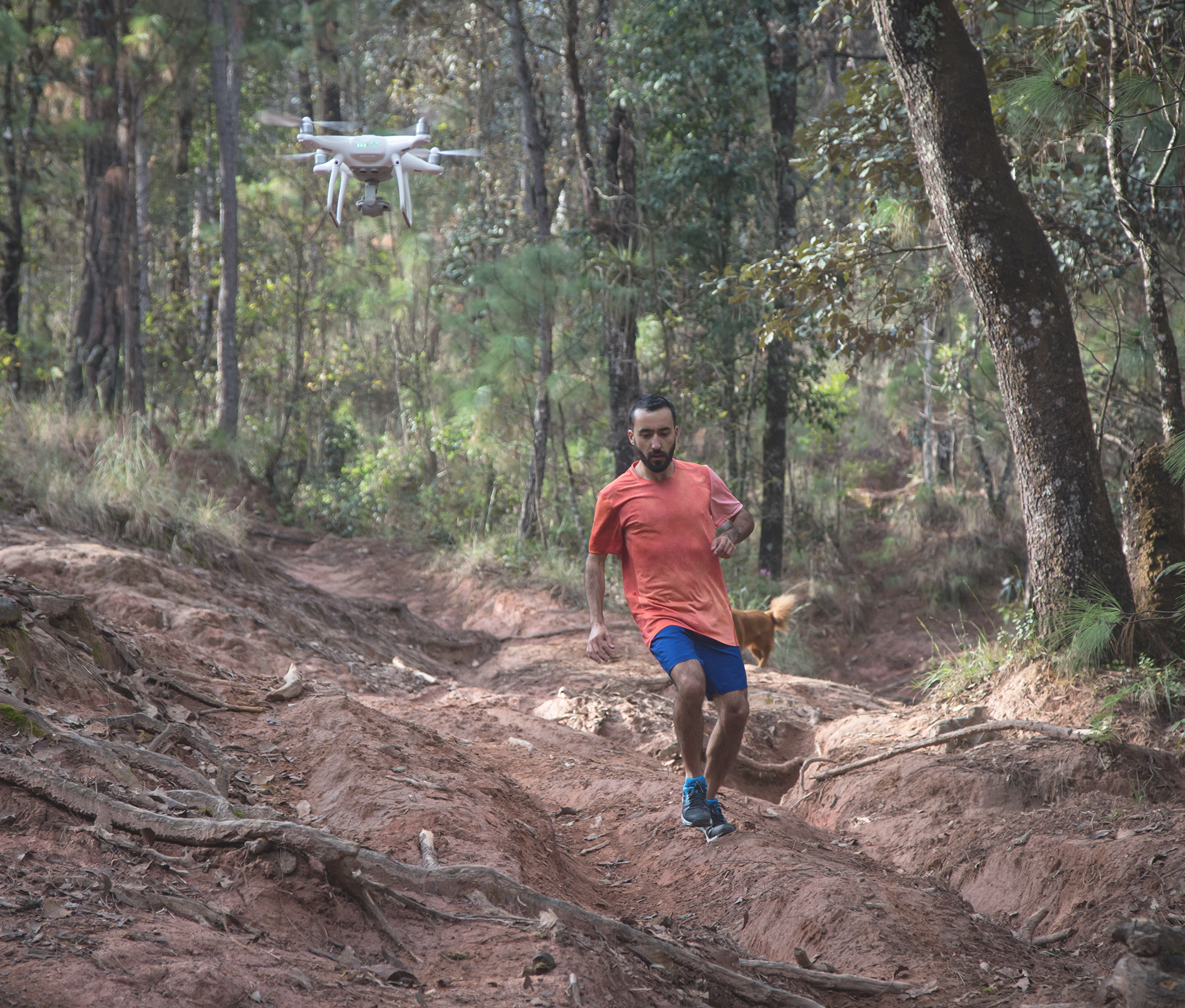  Man running in the forest while being filmed by a drone