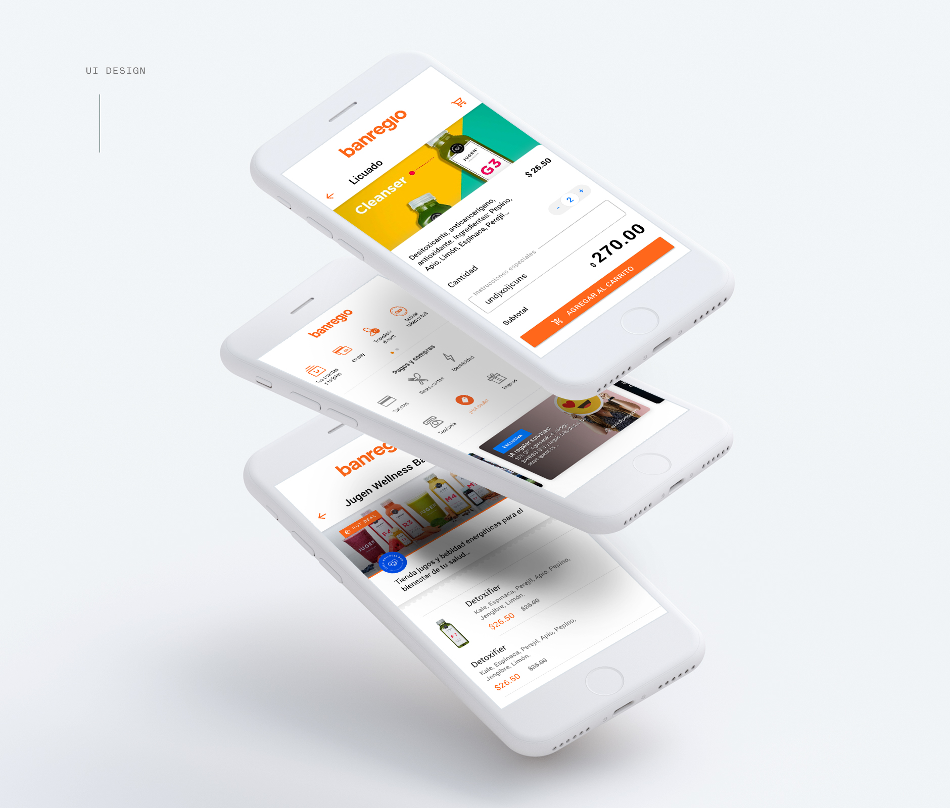 Stacked floating phones displaying UI design for Banregio Comunidad delivery app
