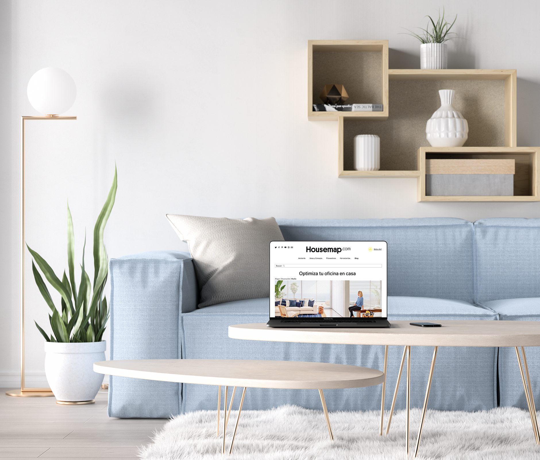 Housemap webpage displayed in render laptop in a living room image