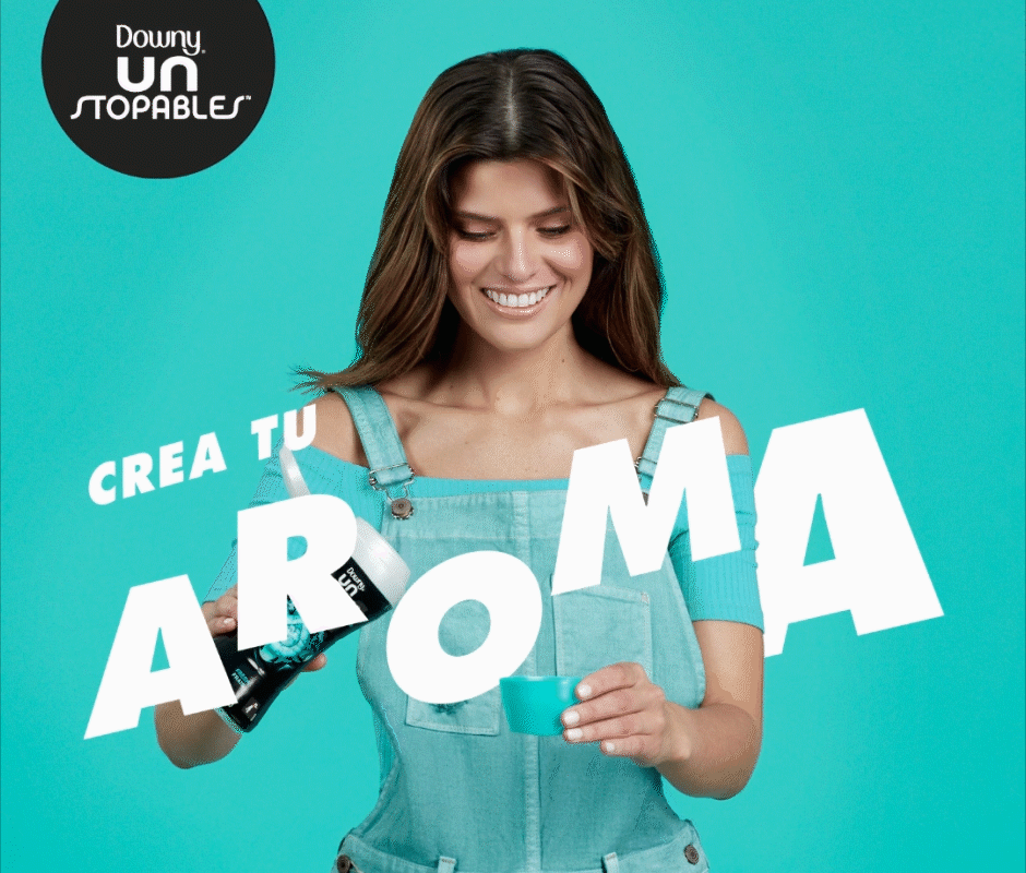Downy Unstoppable publicity advert showing a woman demonstrating how to use the product
