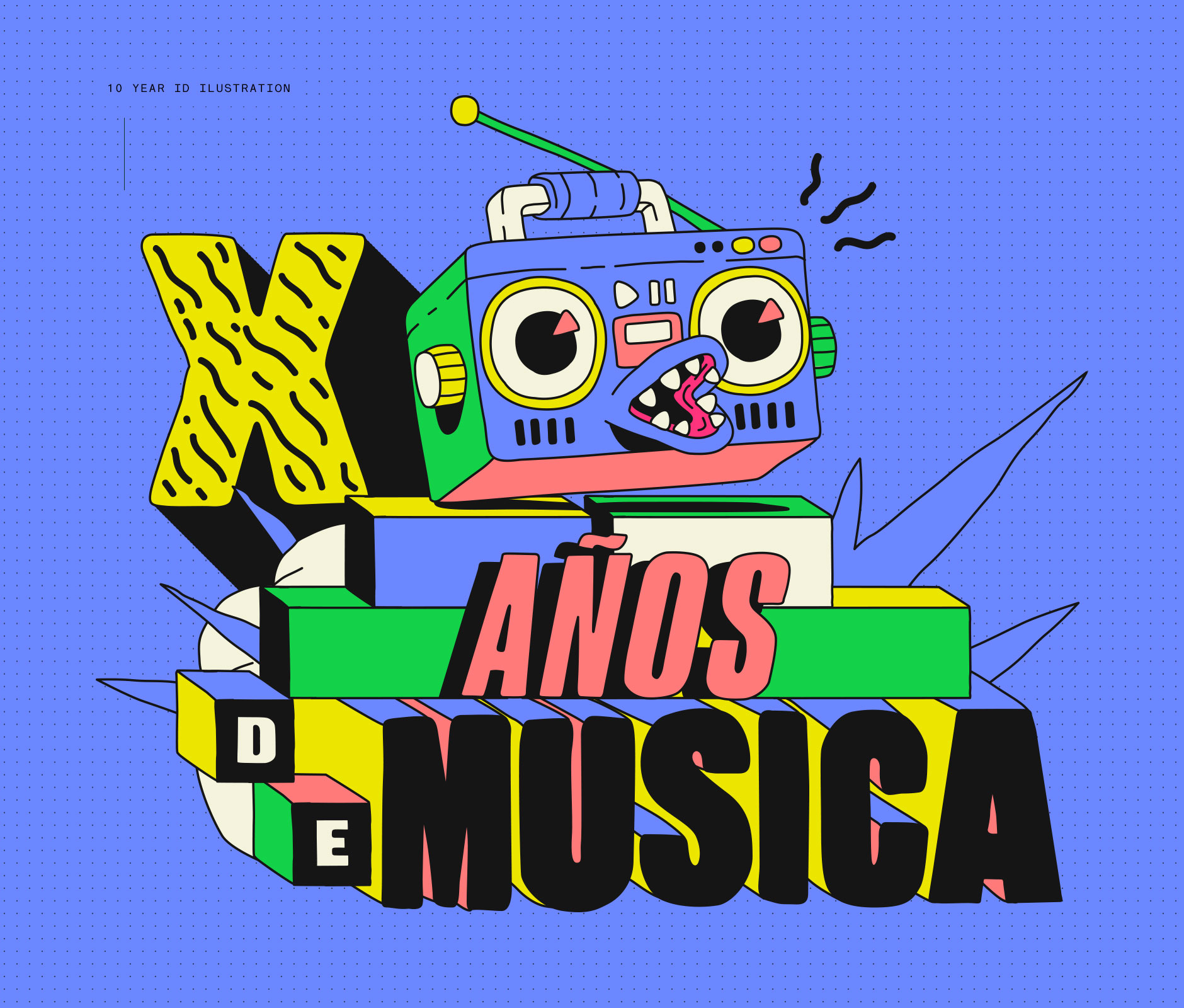 Colorful typography illustration celebrating ten years of music brought to you by Hellow Festival