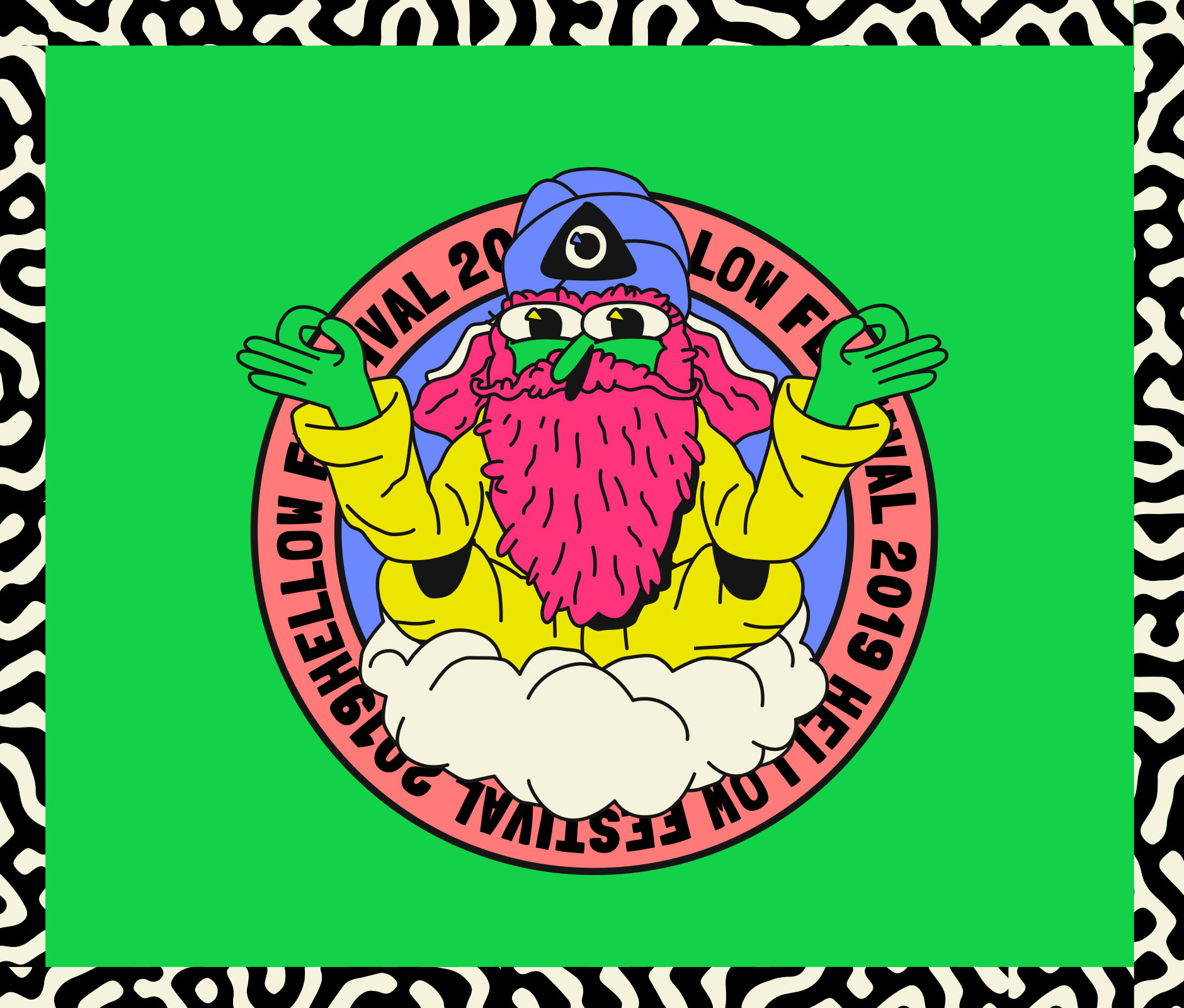 Colorful illustration of a guru meditating on a cloud for Hellow music Festival 2019 edition