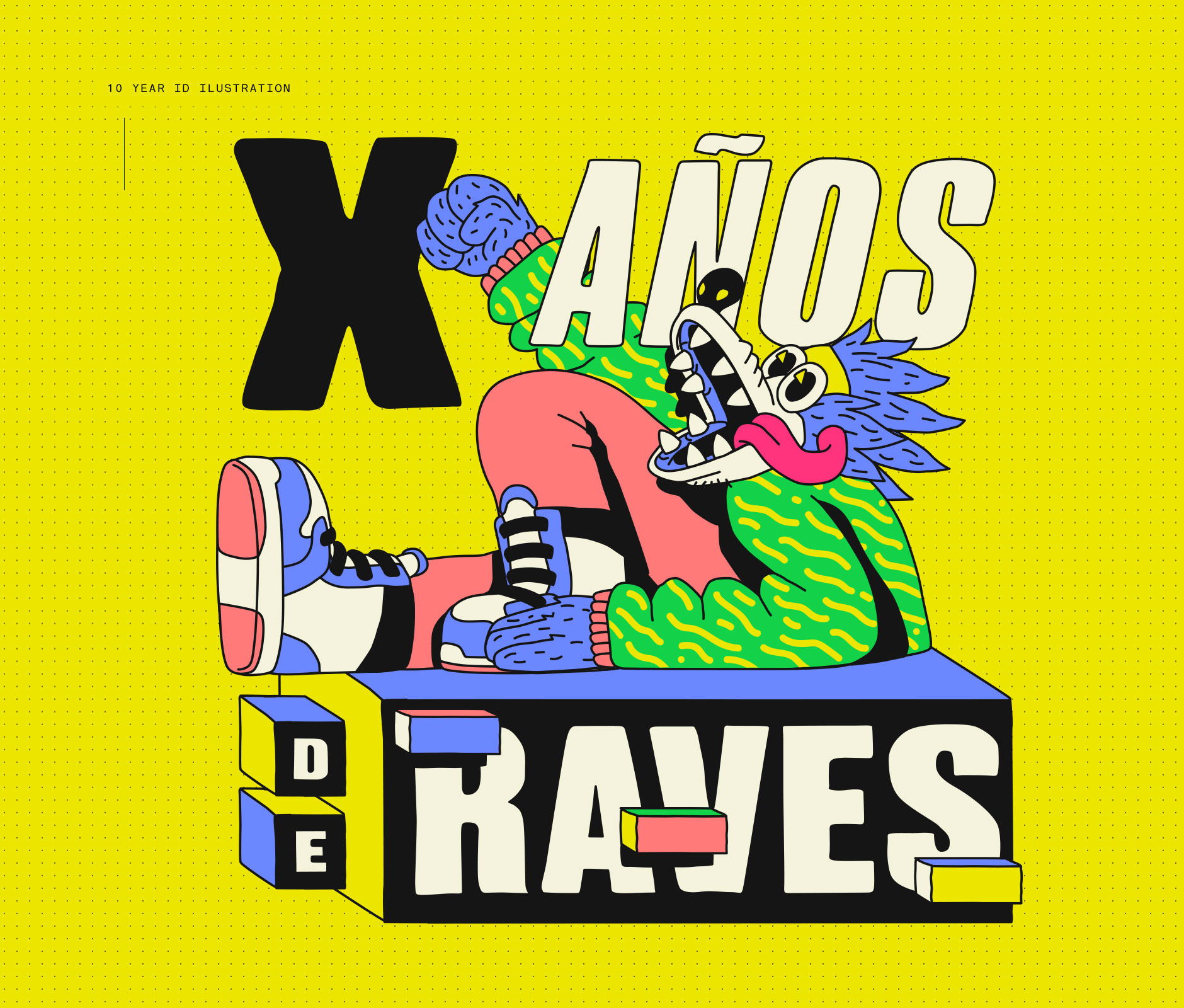 Radical digital illustration celebrating ten years of raving together with Hellow Festival