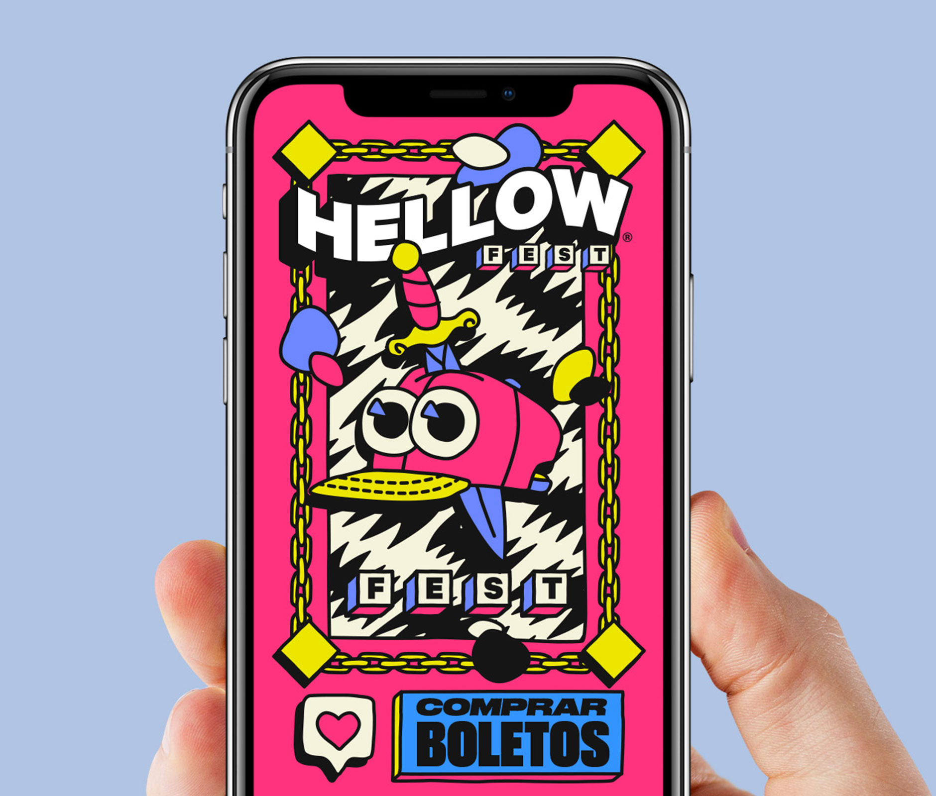 Phone render displaying Hellow music Festival 2019 illustrated poster 