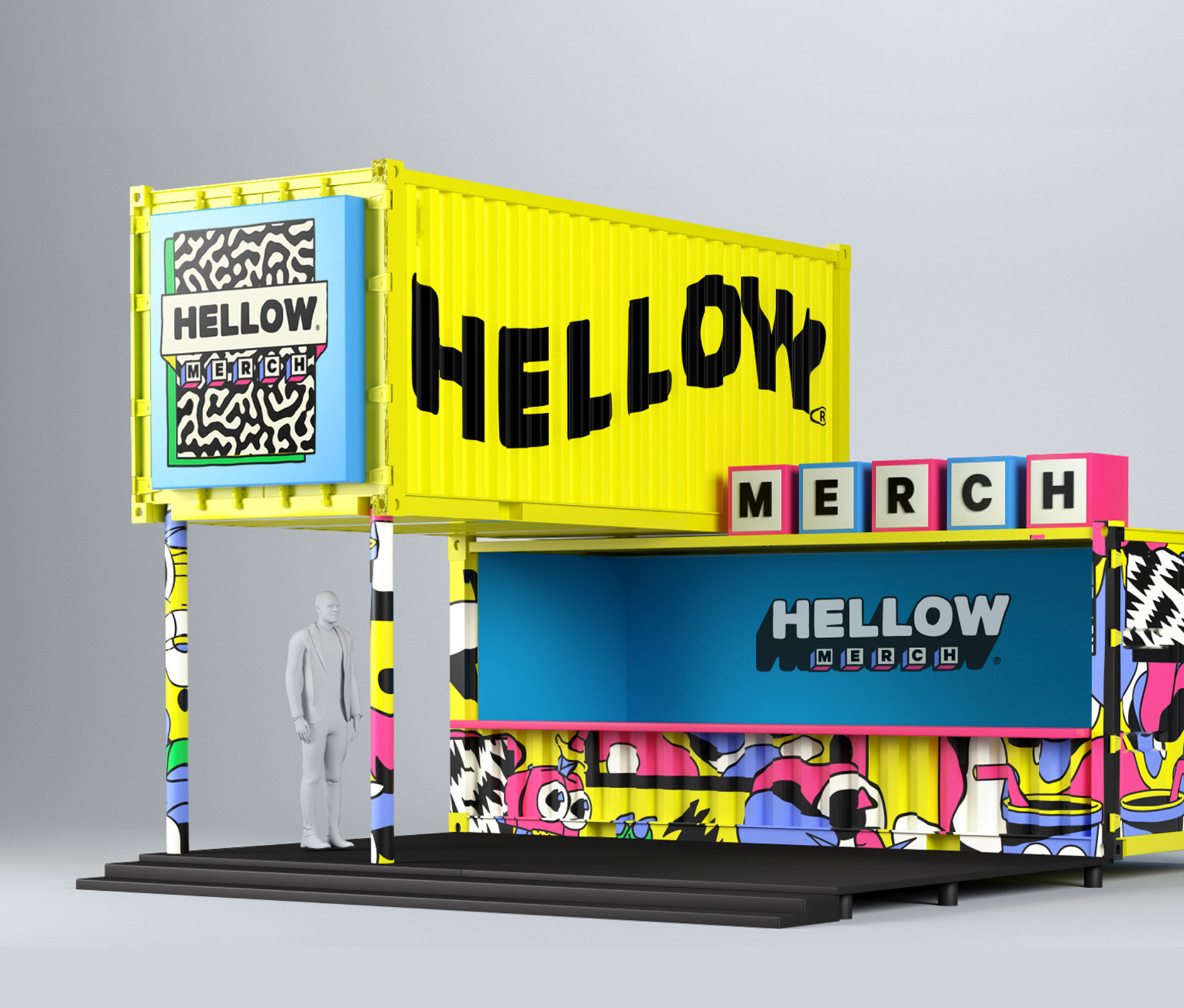 Architectural render concept made out of maritime containers for music festival pop up merch shop