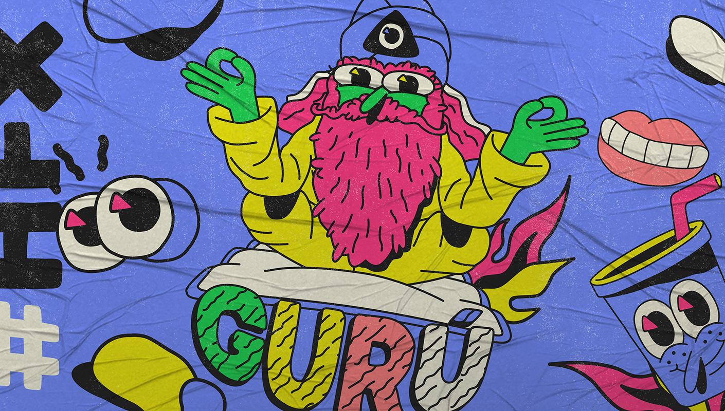 Surreal guru illustration with wrinkled paper texture used in Hellow music Fest visual identity