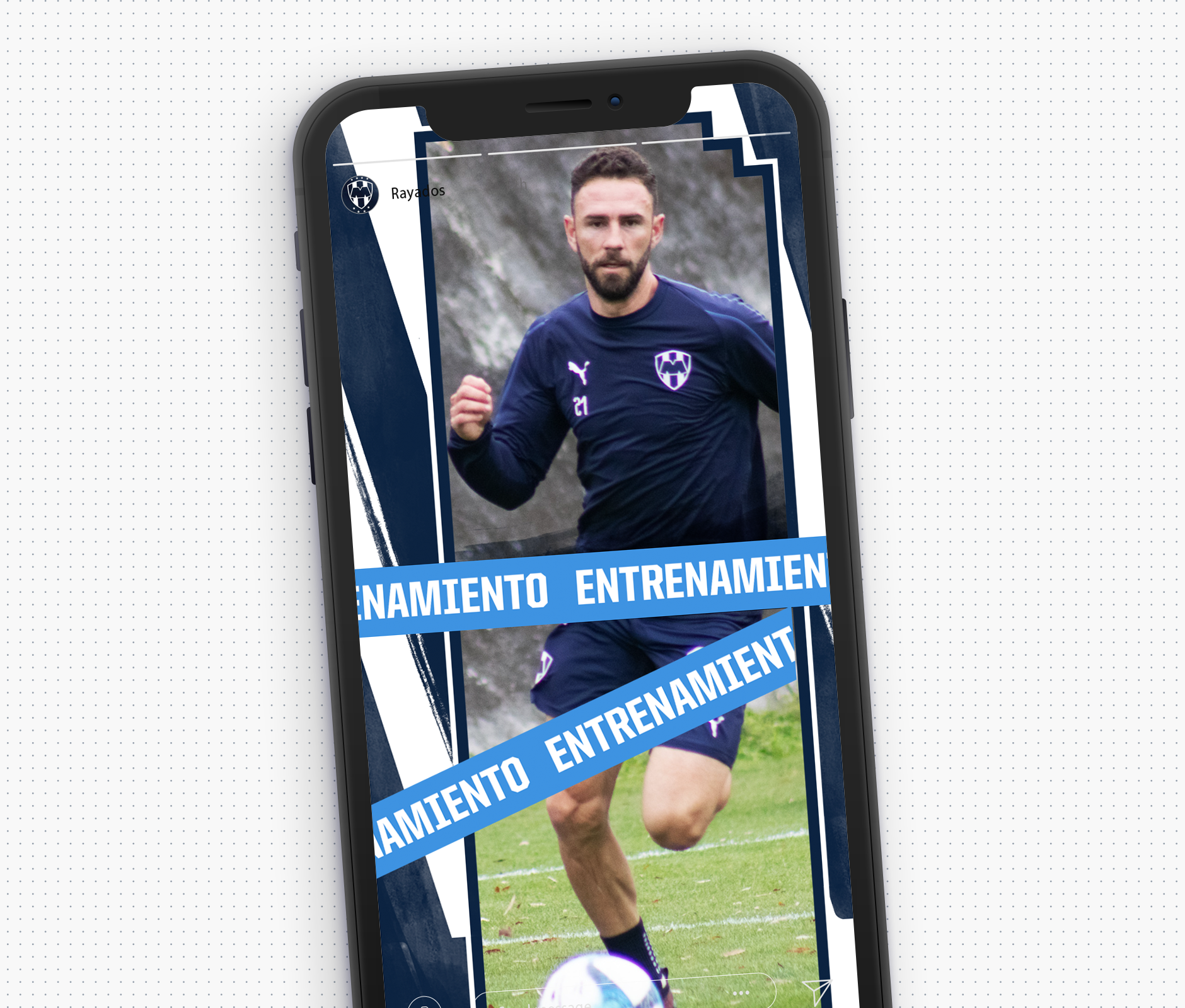 Phone render displaying Rayados FC social media posts concept
