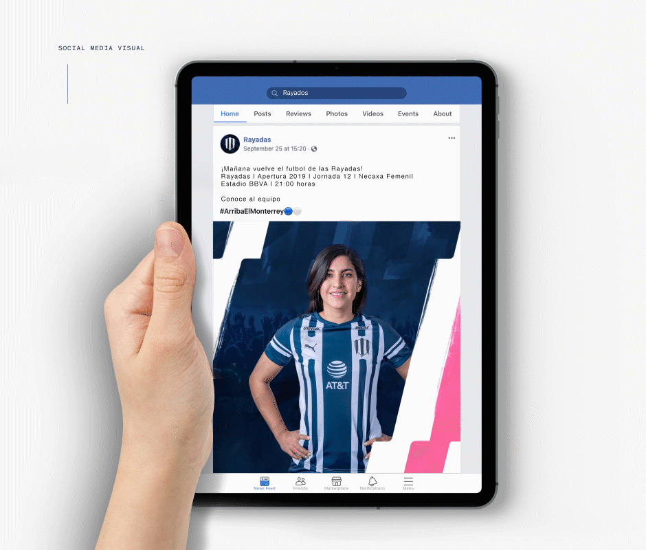 Tablet render displaying Rayados FC social media presence