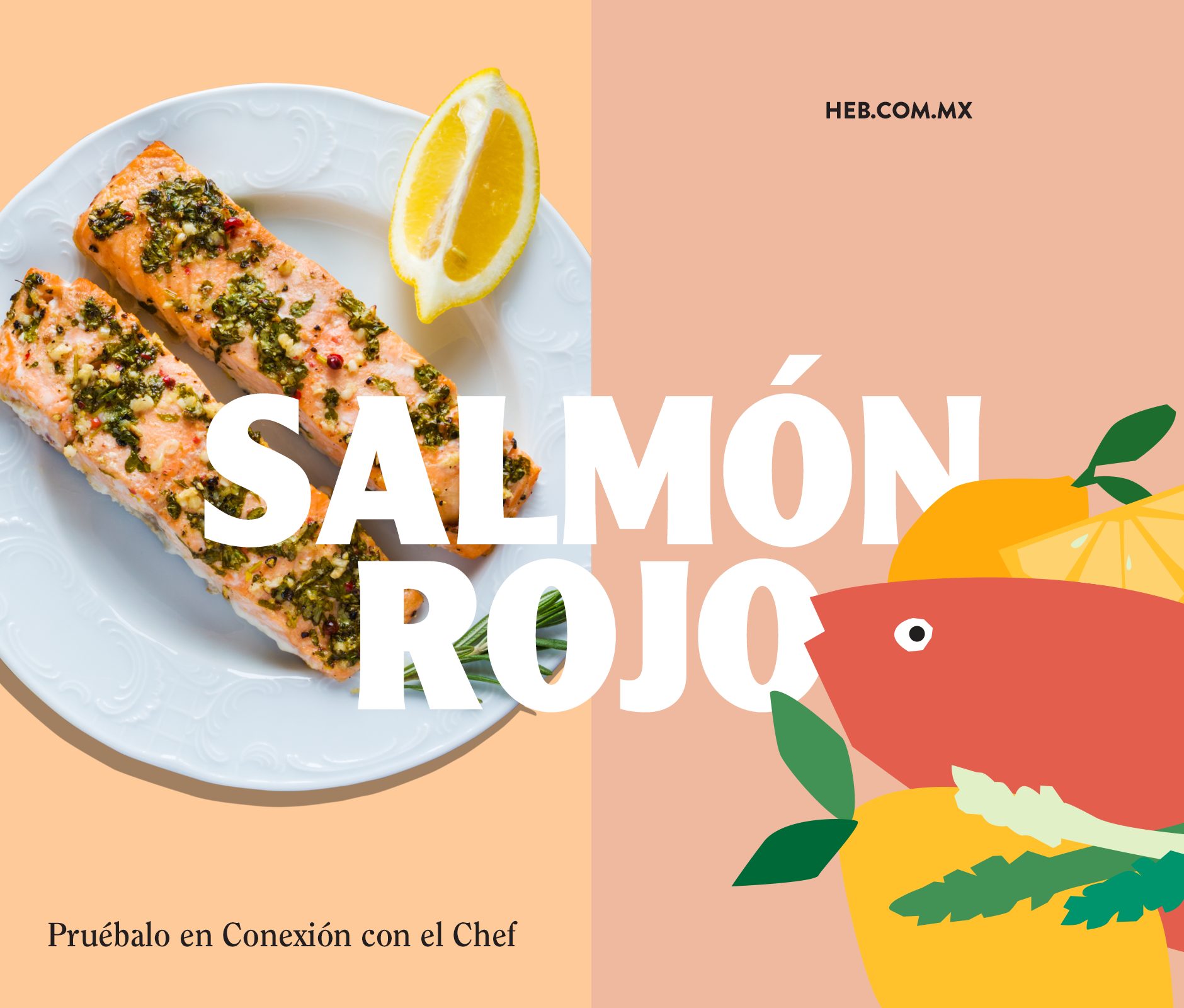 Salmon graphic design, food photography, and typeface design for HEB Mexico Market Prime campaign