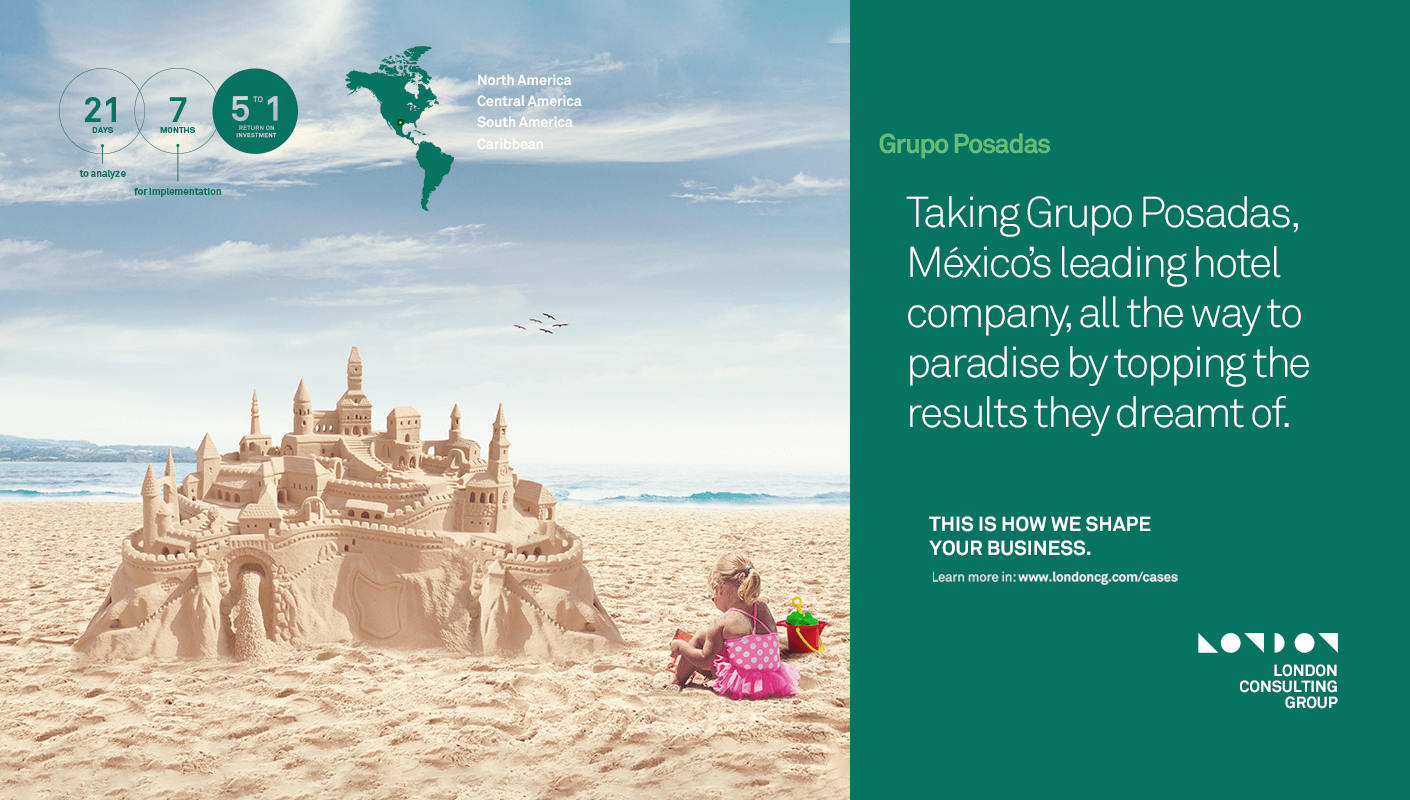 Beach advertisement about London consulting group and Grupo posadas presence in Latam