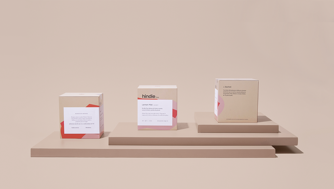 three Hindie tea packages photographed for its rebranding campaign 