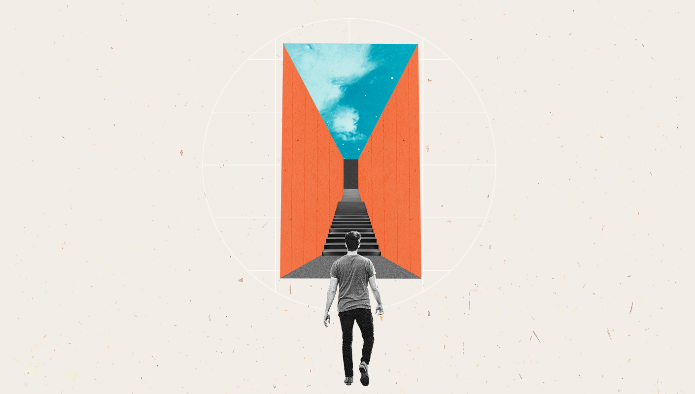 Modern collage of man walking to long hall with stairs