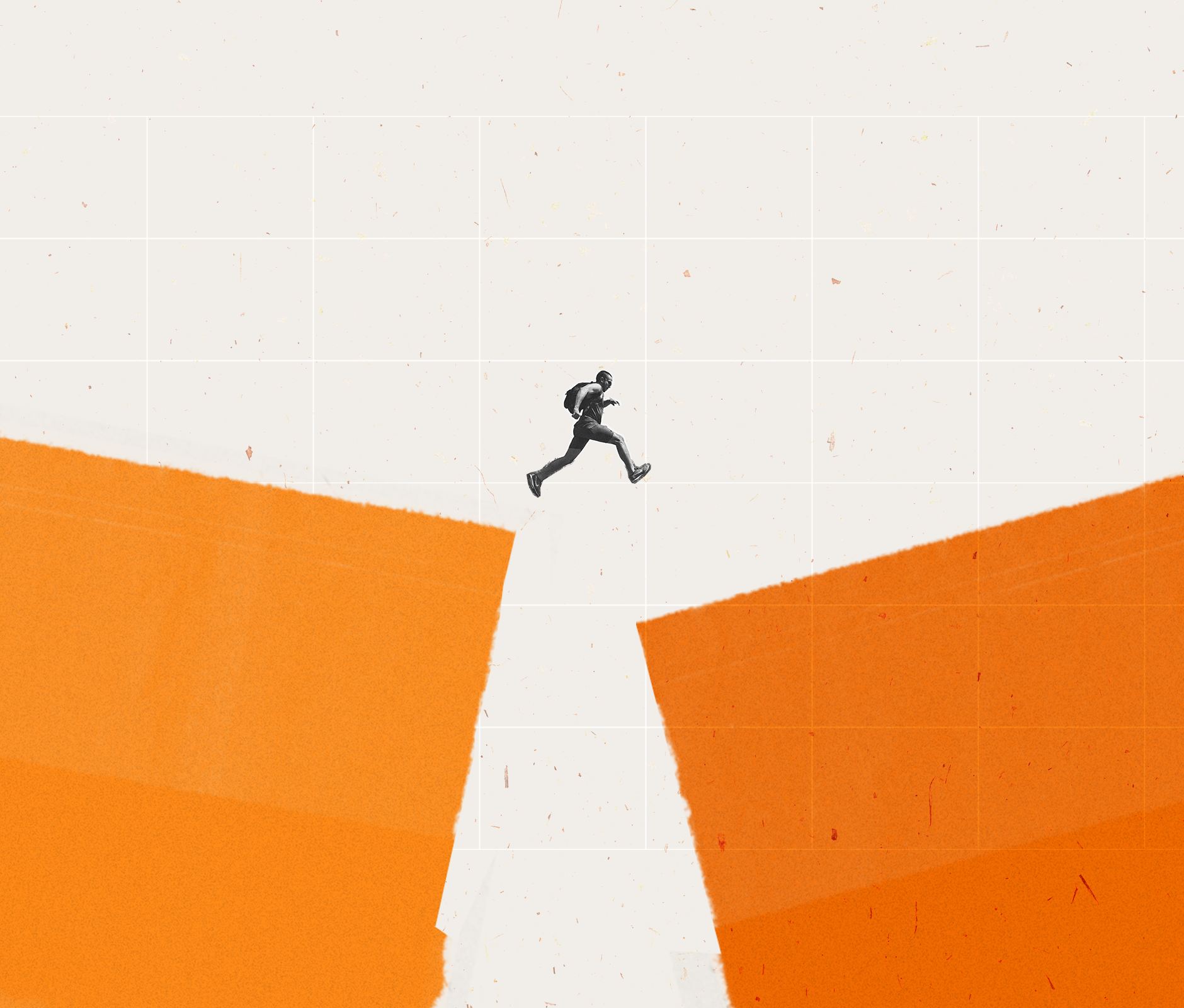 Guy taking a risk jump from one collage platform to another